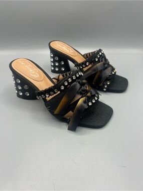 Circus by Sam Edelman Black Rhinestone Ribbon Y2K Glam Mules Heels